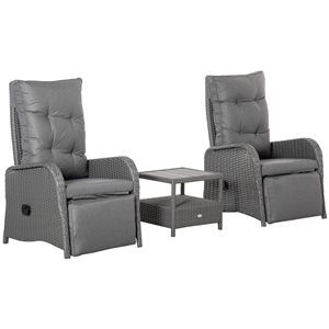 Outsunny 3-Piece Grey Rattan Recliner Chair with Tea Table