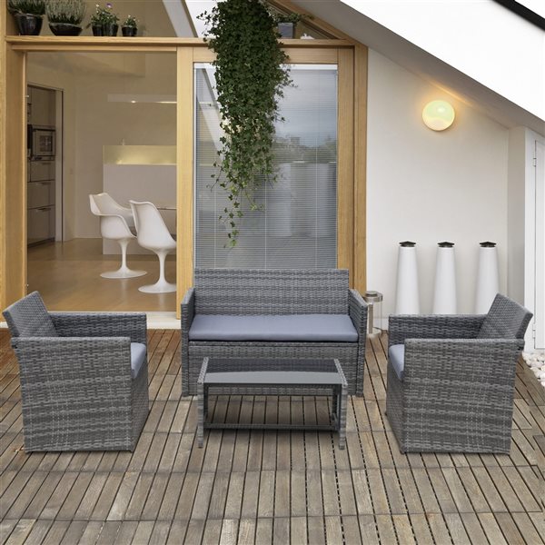 Ensemble de mobilier extérieur en rotin par Outsunny avec coussins gris, 4 pièces