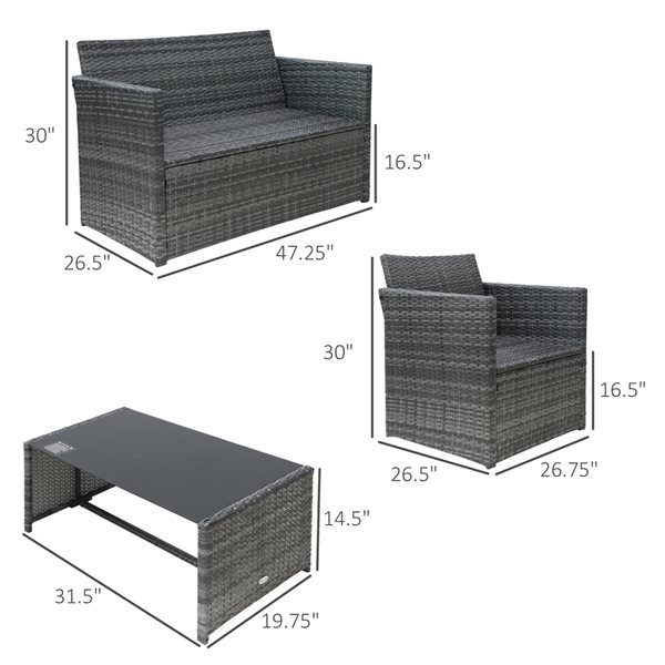 Ensemble de mobilier extérieur en rotin par Outsunny avec coussins gris, 4 pièces