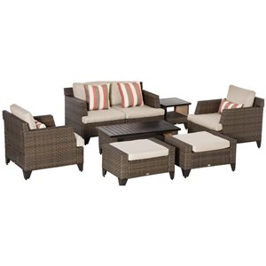 Outsunny 8-Piece Brown Rattan Conversation Set with Off-White Cushions