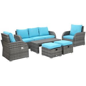 Ensemble de mobilier extérieur en rotin par Outsunny avec coussins bleus, 6 pièces