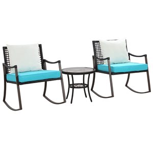 Chaise berçante avec table par Outsunny et coussins turquoise, 3 pièces