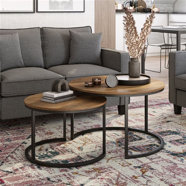 CorLiving Fort Worth Round Brown Wood Grain 29.25-in Nesting Coffee Table