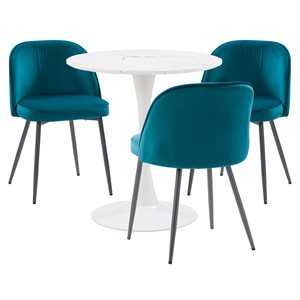 CorLiving Bistro Dining Set with Teal Chairs and White Pedestal Table - 4 Pieces