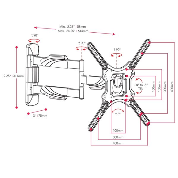 CorLiving Black Wall Mount Full-Motion X-frame for 23-in - 55-in TVs