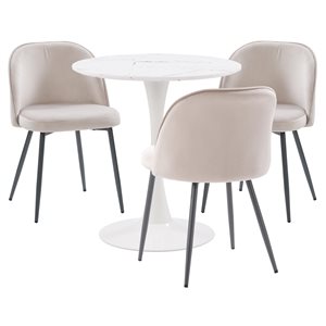 CorLiving Bistro Dining Set with Greige Chairs and White Pedestal Table - 4 Pieces