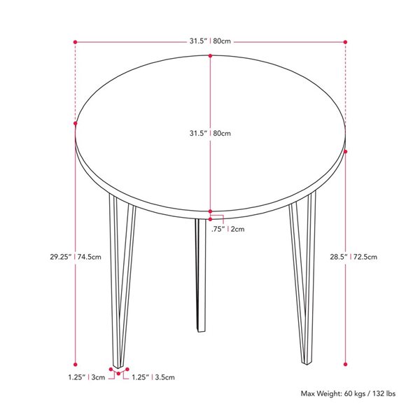 Table de salle à manger Ezra de CorLiving avec pieds en fer noir et plateau en grain de bois brun de 31,5 po