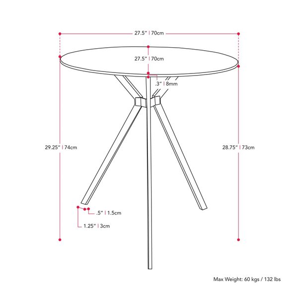 Table de bistro CorLiving Eliana avec plateau en verre et pieds en fer noir, 27,5 po