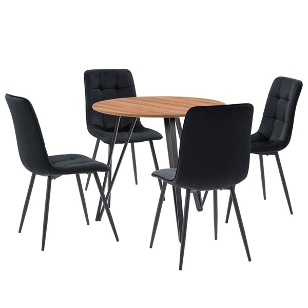 CorLiving Iron Leg Dining Set with Black Chairs & Wood Grain Table- 5 Piece