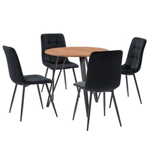 CorLiving Iron Leg Dining Set with Black Chairs & Wood Grain Table- 5 Piece