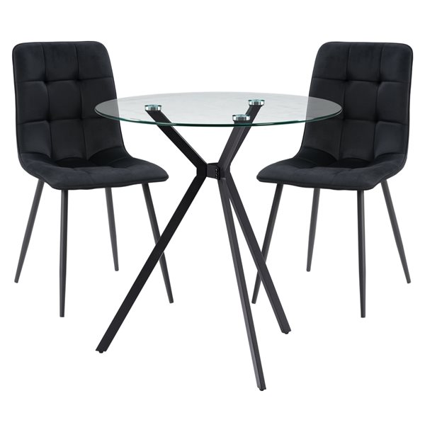 CorLiving Lennox Round Glass Table Top Dining Set with Black Chairs - 3 Piece