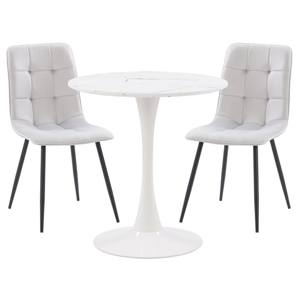 CorLiving Bistro Dining Set with Grey Chairs and White Pedestal Table - 3 Piece