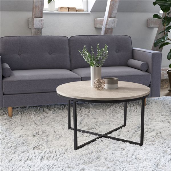 CorLiving Grey Marbled Effect Composite Coffee Table with Metal Legs - 31-in