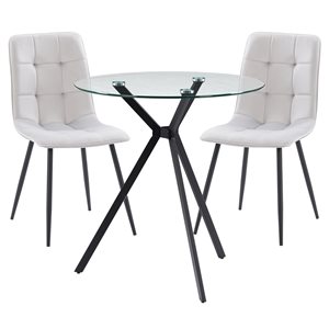 CorLiving Lennox Round Glass Table Top Dining Set with Grey Chairs - 3 Piece
