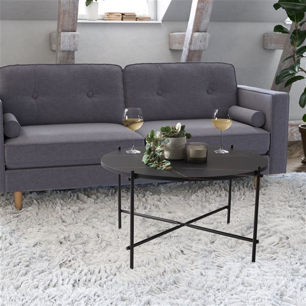 CorLiving Adria Round Black Marbled Effect Coffee Table with Metal Legs - 31-in