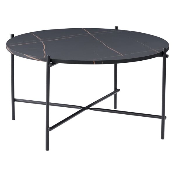CorLiving Adria Round Black Marbled Effect Coffee Table with Metal Legs - 31-in