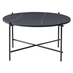 CorLiving Adria Round Black Marbled Effect Coffee Table with Metal Legs - 31-in