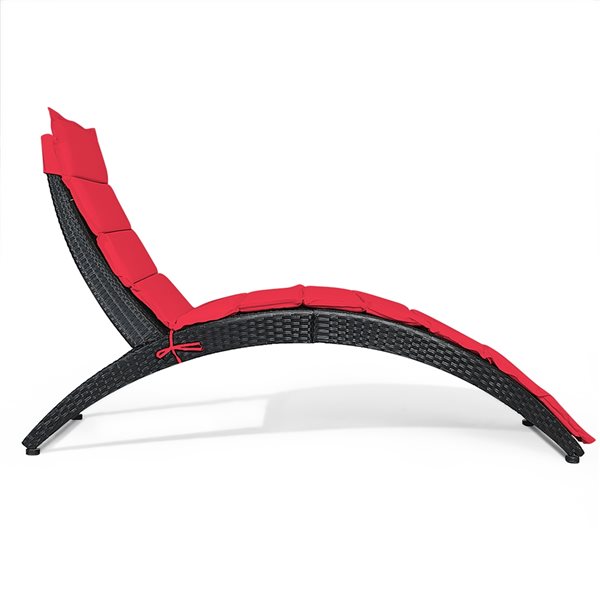 Costway Black Rattan Stackable Metal Stationary Chaise Lounge Chair with Red Cushioned Seat