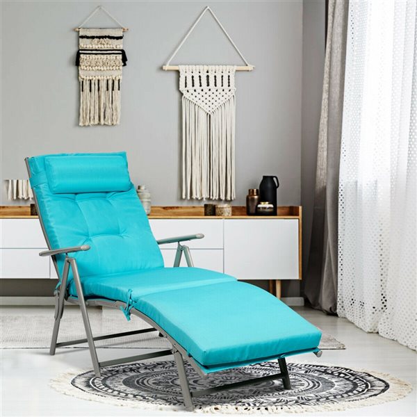 Costway Silver Metal Stationary Chaise Lounge Chair with Turquoise Cushioned Seat