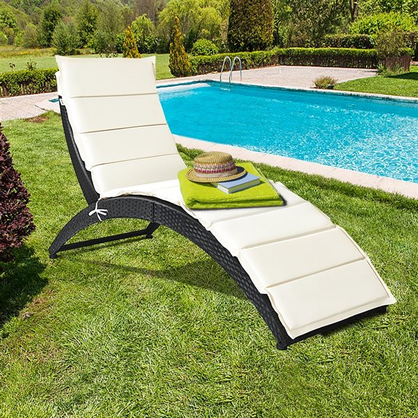 Costway Black Rattan Stackable Metal Stationary Chaise Lounge Chair with White Cushioned Seat