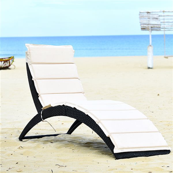 Costway Black Rattan Stackable Metal Stationary Chaise Lounge Chair with White Cushioned Seat