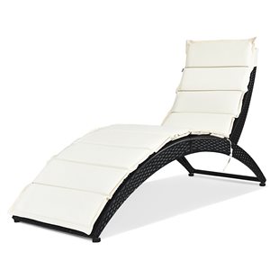 Costway Black Rattan Stackable Metal Stationary Chaise Lounge Chair with White Cushioned Seat