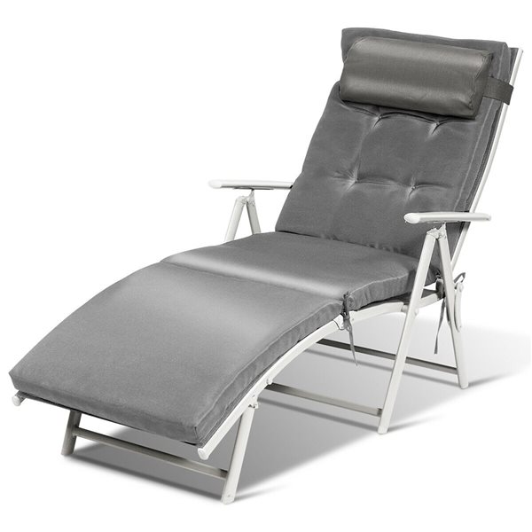 Costway Silver Metal Stationary Chaise Lounge Chair with Grey Cushioned Seat