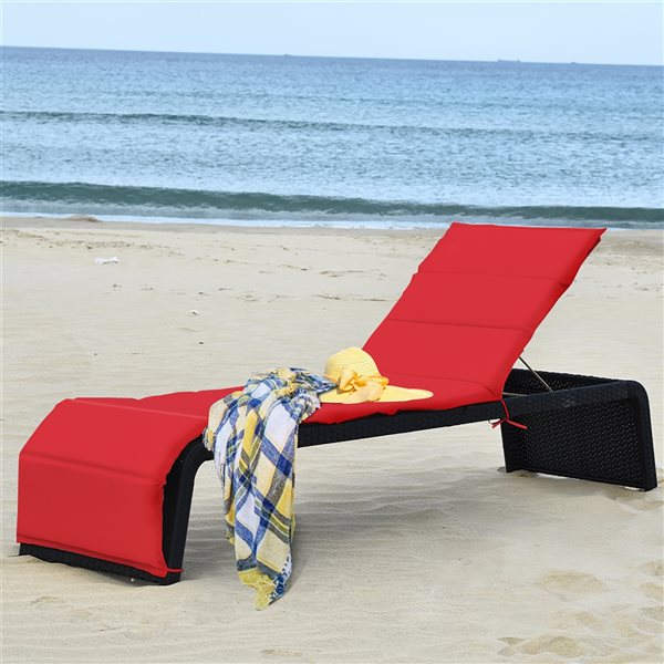 Costway Black Rattan Metal Stationary Chaise Lounge Chair with Red Cushioned Seat