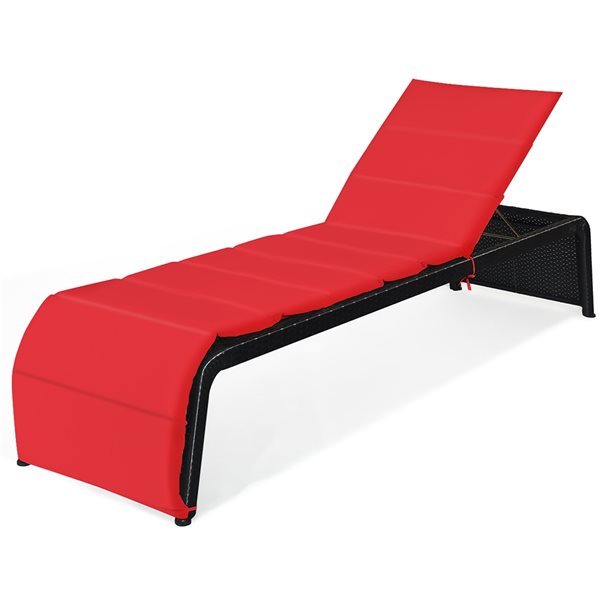 Costway Black Rattan Metal Stationary Chaise Lounge Chair with Red Cushioned Seat