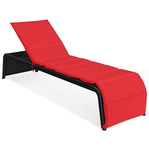 Costway Black Rattan Metal Stationary Chaise Lounge Chair with Red Cushioned Seat