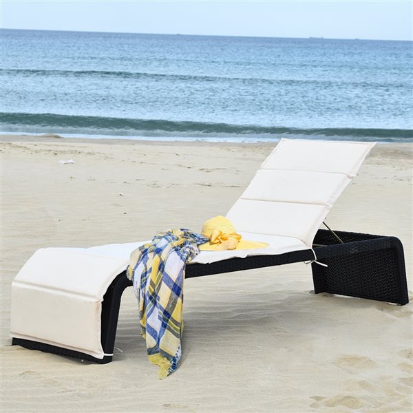 Costway Black Rattan Metal Stationary Chaise Lounge Chair with White Cushioned Seat