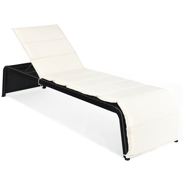 Costway Black Rattan Metal Stationary Chaise Lounge Chair with White Cushioned Seat