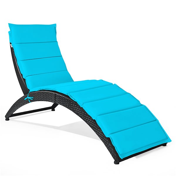 Costway Black Rattan Stackable Metal Stationary Chaise Lounge Chair with Turquoise Cushioned Seat