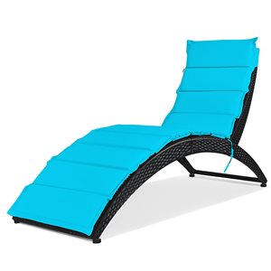 Costway Black Rattan Stackable Metal Stationary Chaise Lounge Chair with Turquoise Cushioned Seat