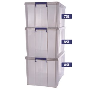 Boîtes de rangement Bankers Box de 70 L et 85 L en plastique transparent, ensemble de 3