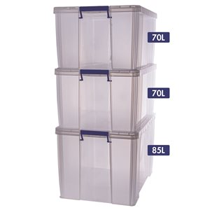 Boîtes de rangement Bankers Box de 85 L et 70 L en plastique transparent, ensemble de 3
