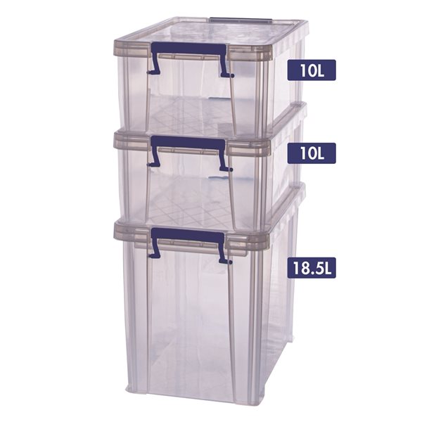 Boîtes de rangement Bankers Box de 10 L et 18,5 L en plastique transparent, ensemble de 3