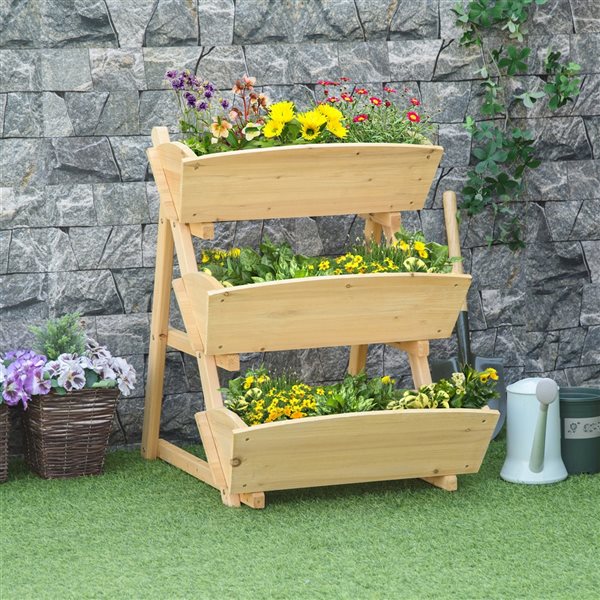 Outsunny 23.5-in W x 30.25-in H Natural Wood 3-Tier Raised Garden Bed