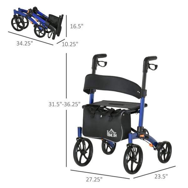 HOMCOM Aluminum Black/Blue Fold-Up Easy Storage Rollator with Seat Backrest