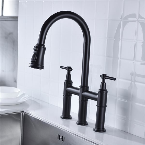 Clihome 17.32-in Black Bridge Kitchen Faucet with Pull-Down Sprayhead in Spot