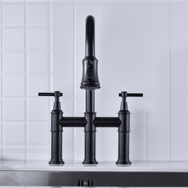 Clihome 17.32-in Black Bridge Kitchen Faucet with Pull-Down Sprayhead in Spot