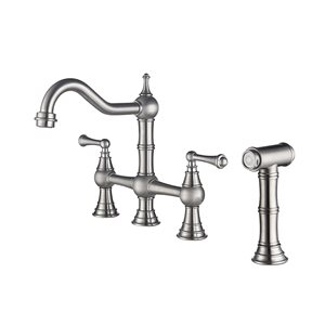 Clihome 8.85-in Nickel Bridge Dual Handles Kitchen Faucet With Pull-Out Side Spray