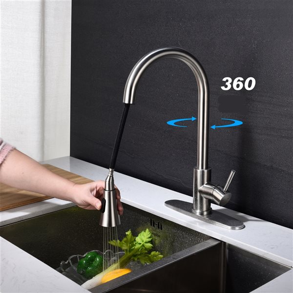 Clihome 16.14-in Nickel Kitchen Faucet with Pull Out Sprayer