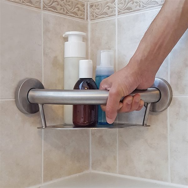 Healthcraft Products Plus Series 4.75-in Brushed Stainless Steel Wall Mount Grab Bar with Corner Shelf - ADA Compliant