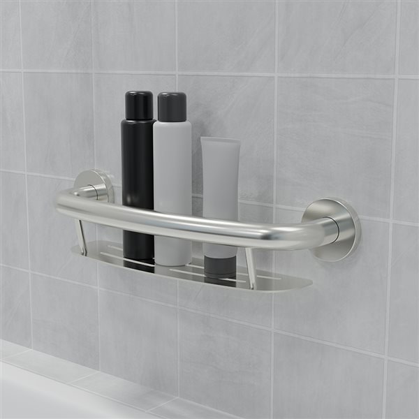 Healthcraft Products Plus Series 9.75-in Brushed Stainless Steel Wall Mount Grab Bar with Shelf - ADA Compliant