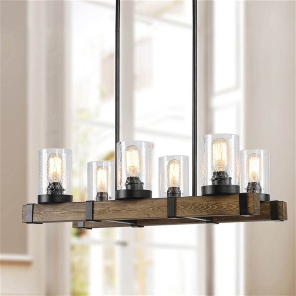 Grand luminaire carré rustique pour îlot de cuisine en verre bullé par LNC, noir mat