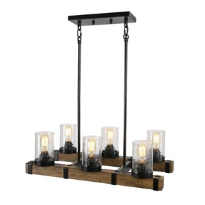 Grand luminaire carré rustique pour îlot de cuisine en verre bullé par LNC, noir mat