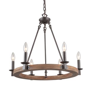 LNC Laius 6-Light Rusty Bronze and Brown Wood Grain Farmhouse Chandelier