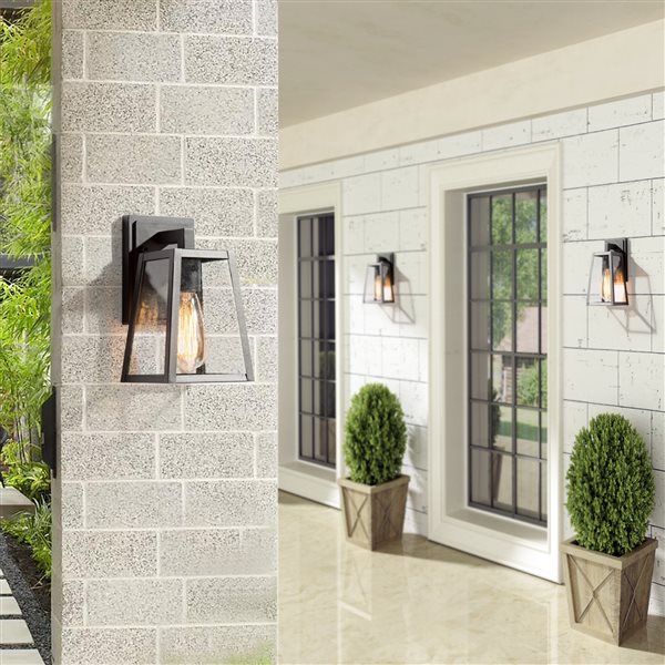 LNC Halo 10-in Black and Seeded Glass Outdoor Wall Light