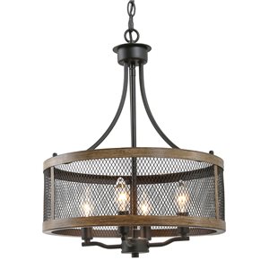 LNC Salle 4-Light Distressed Brown Wood Grain and Matte Black Drum Farmhouse Chandelier